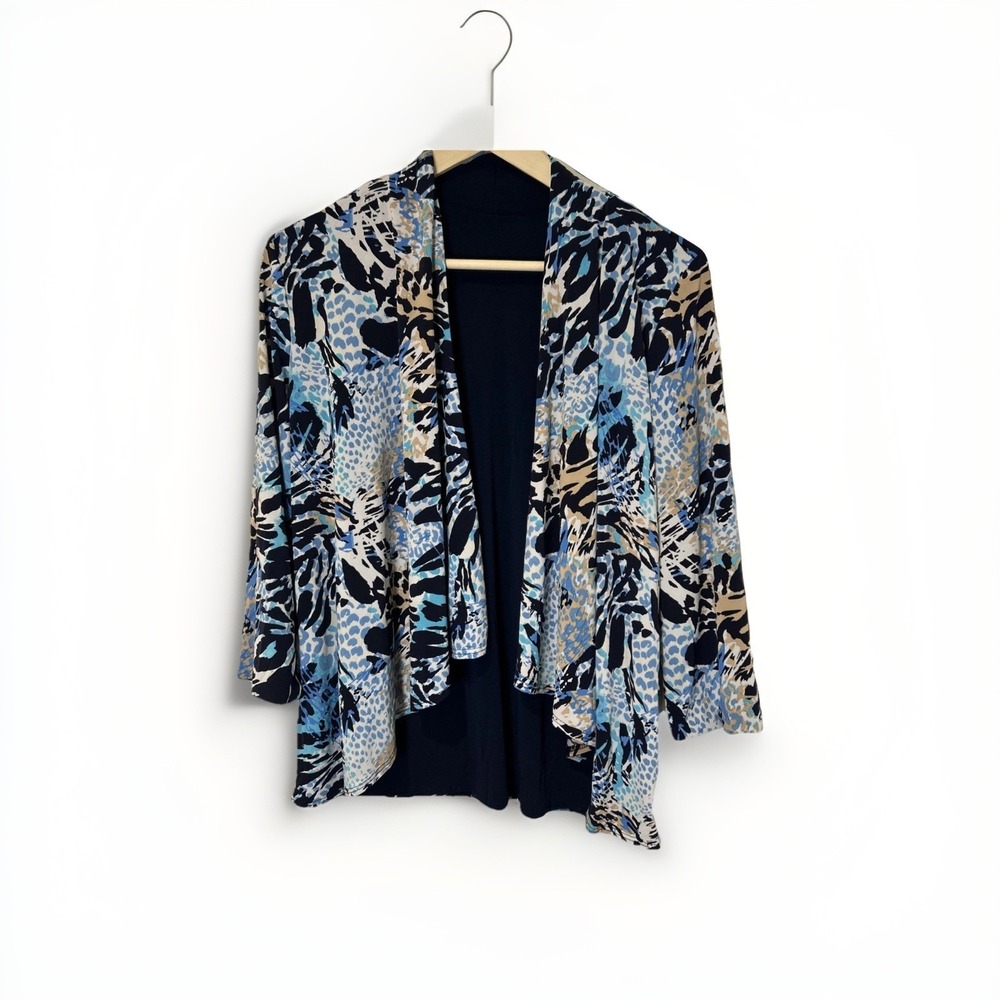 Slinky Brand Womens Jacket Sz M Blue  Multicolor Geometric Open Front Reversible